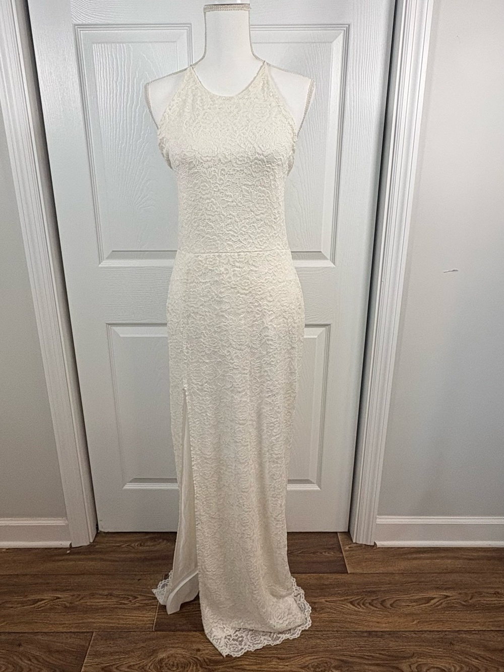 NWT Ivory Lace Maxi Dress Large Boho Beach Bridal Romantic Side Slit Cottagecore - Picture 2 of 8